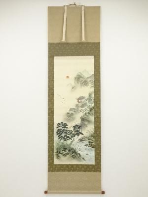 晴方筆　蓬莱山　肉筆絹本掛軸（共箱）